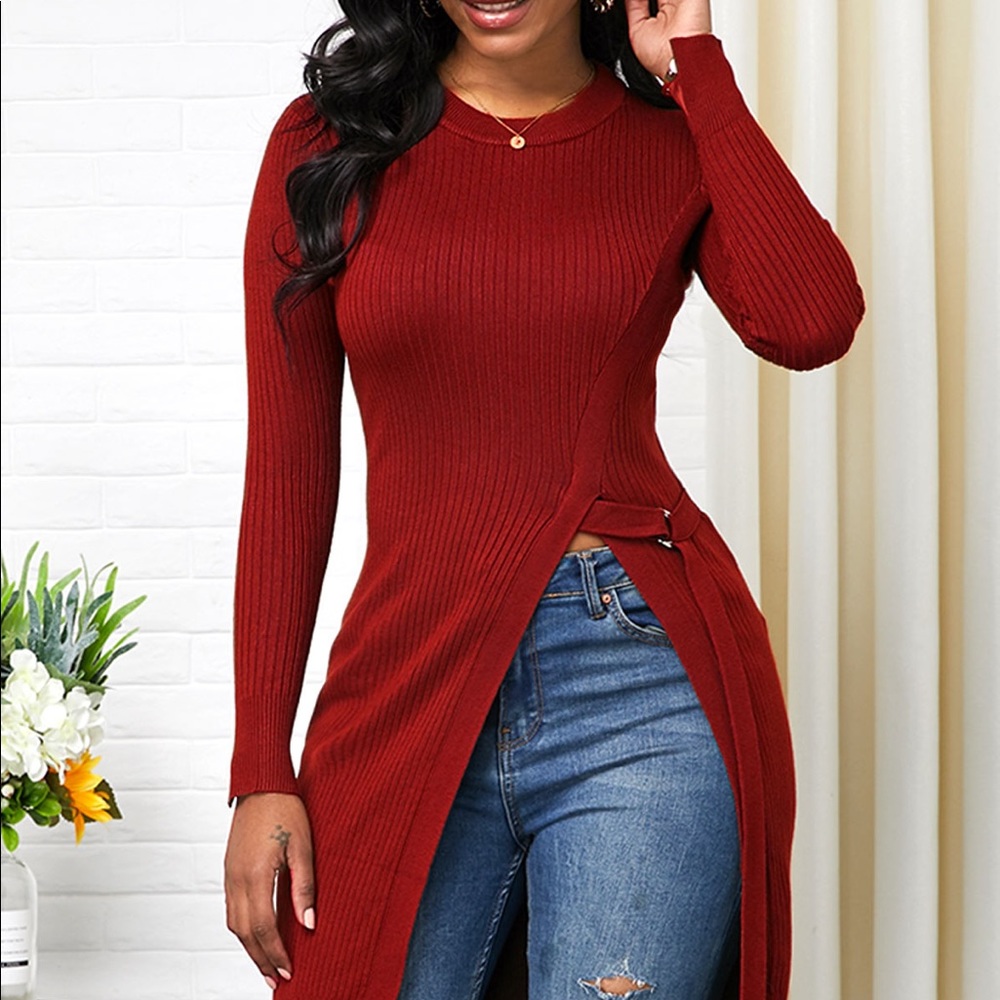 Side slit Long Sleeve Neck Sweater